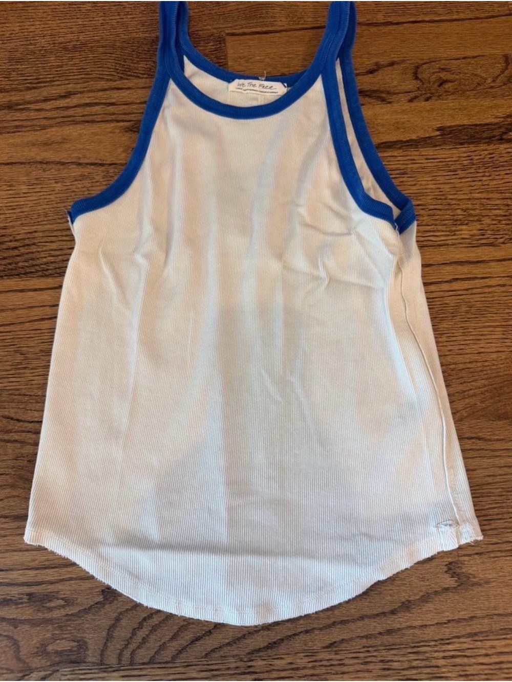Free People White Ribbed Tank with Blue Trim